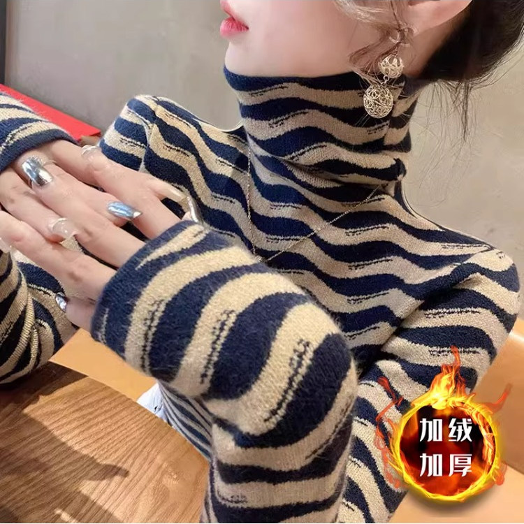 外贸原单专柜撤回双面德绒秋冬加绒洋气条纹高领内搭打底衫上衣女