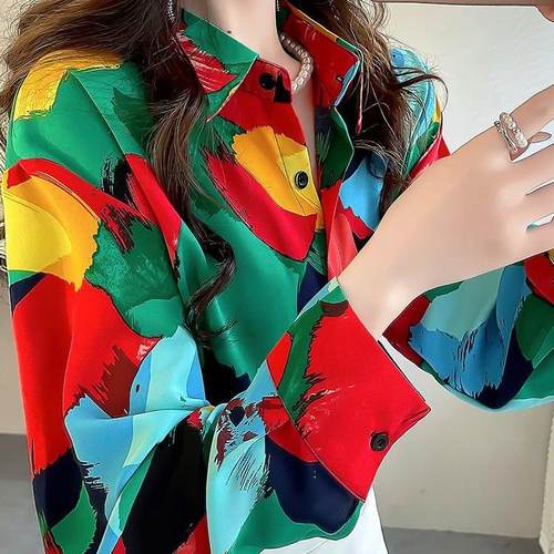 清仓捡漏专柜撤回早春衬衣长袖上衣印花衬衫女大码宽松雪纺衫女潮