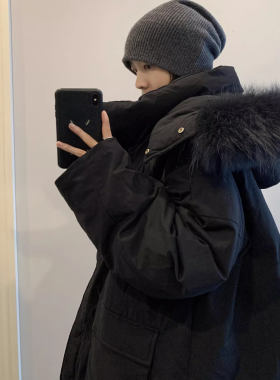新款时尚潮春秋冬季黑色羽绒服女士中长款大毛领连帽外套潮流上衣