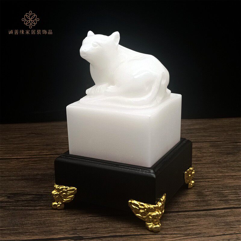 天然白玉老鼠印章摆件十二生肖老鼠玉玺招財家居客厅办公室玉摆件