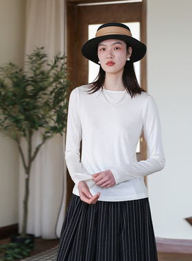 原创新款乳白色上衣女 春夏套头长袖休闲打底衫纯色简约百搭女t恤