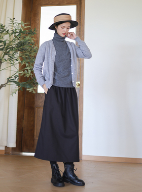 秋冬新款棉麻半身裙 原创黑色裙松紧腰显瘦A字裙百搭文艺复古长裙