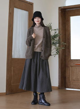 秋冬新款提花棉麻半身裙女 松紧腰半裙显瘦A字裙百搭文艺复古长裙