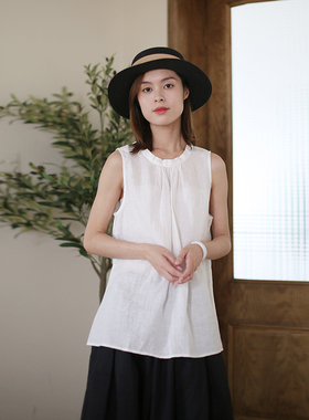 2025新款上衣女夏季圆领文艺白色亚麻无袖衬衣百搭宽松小清新衬衫