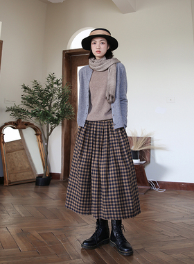 2025新款 复古纯棉格子半身裙秋冬a字中长款半裙显瘦百搭半身长裙