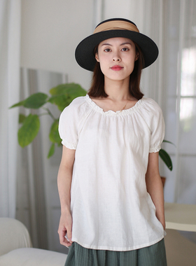 原创新款纯色衬衫 夏季文艺白色亚麻短袖女衬衣百搭上衣小清新t恤