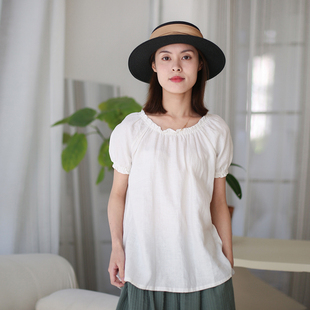 女衬衣百搭上衣小清新t恤 原创新款 纯色衬衫 夏季 文艺白色亚麻短袖