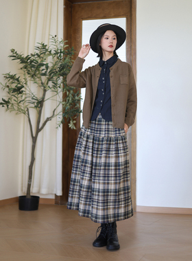 ZAN原创中长款格子半身裙女百搭显瘦A字裙复古文艺纯棉半裙秋冬裙