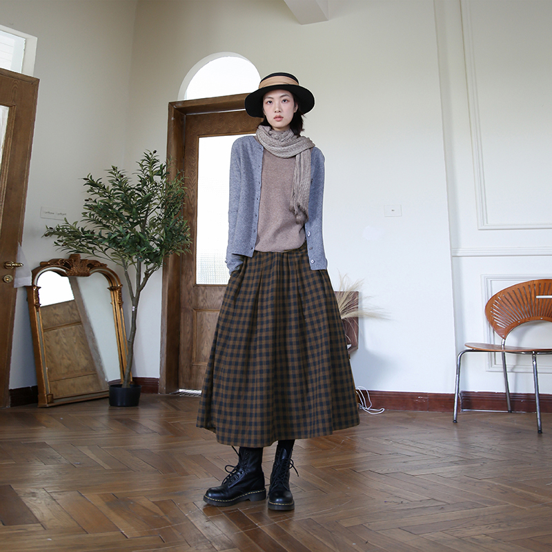 原创中长款百搭纯棉格子半身裙女