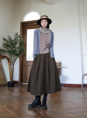 ZAN原创2025秋冬新款文艺纯棉格子半身裙a字裙中长复古裙显瘦长裙