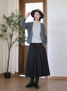 秋季新款纯棉半身裙女 黑色格纹半裙百搭文艺显瘦A字裙松紧腰长裙