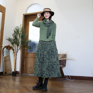 半身裙女2026秋冬新款 提花棉麻中长款半裙文艺复古a字裙伞裙长裙