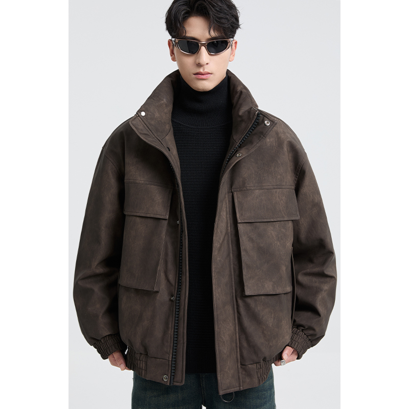 冬季新品高级感pu皮立领羽绒服男工装潮流帅气机车鸭绒外套