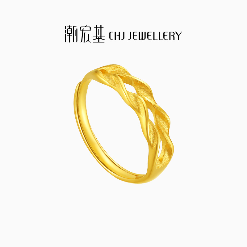 潮宏基花韵足金戒指黄金戒圈手饰指环麦穗活圈口礼物女计价