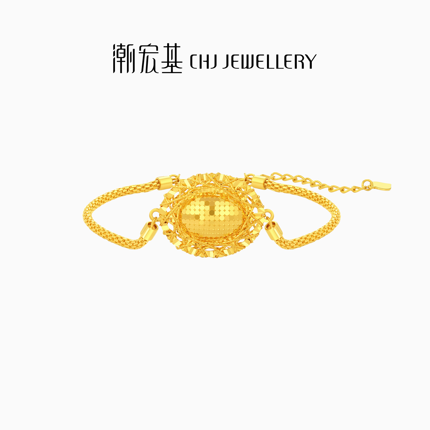 潮宏基高光金鸽子蛋足金手链5G黄金手链爆闪女三金计价生日礼物