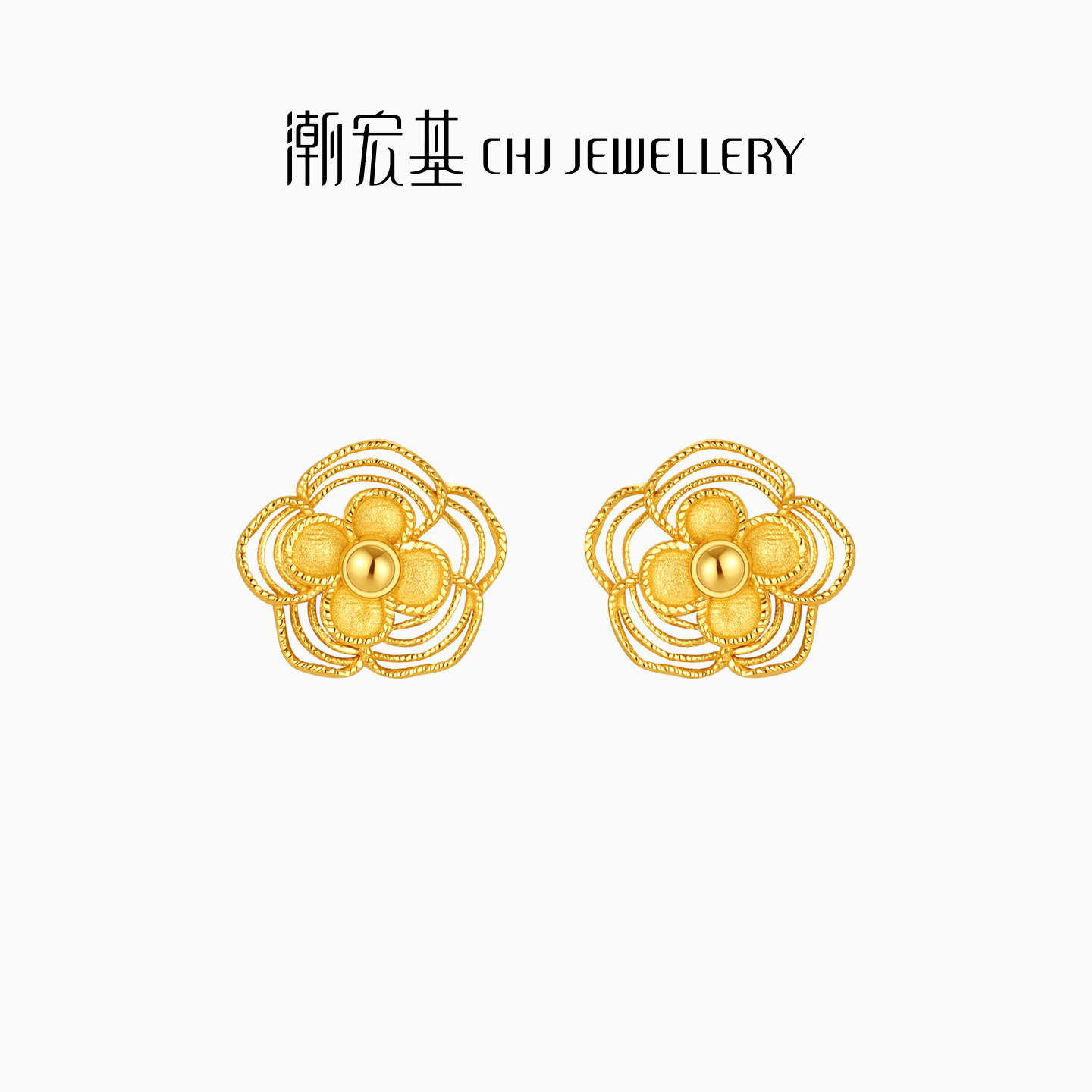 潮宏基花韵山茶花黄金耳钉足金耳环优雅时尚送妈妈生日礼物计价