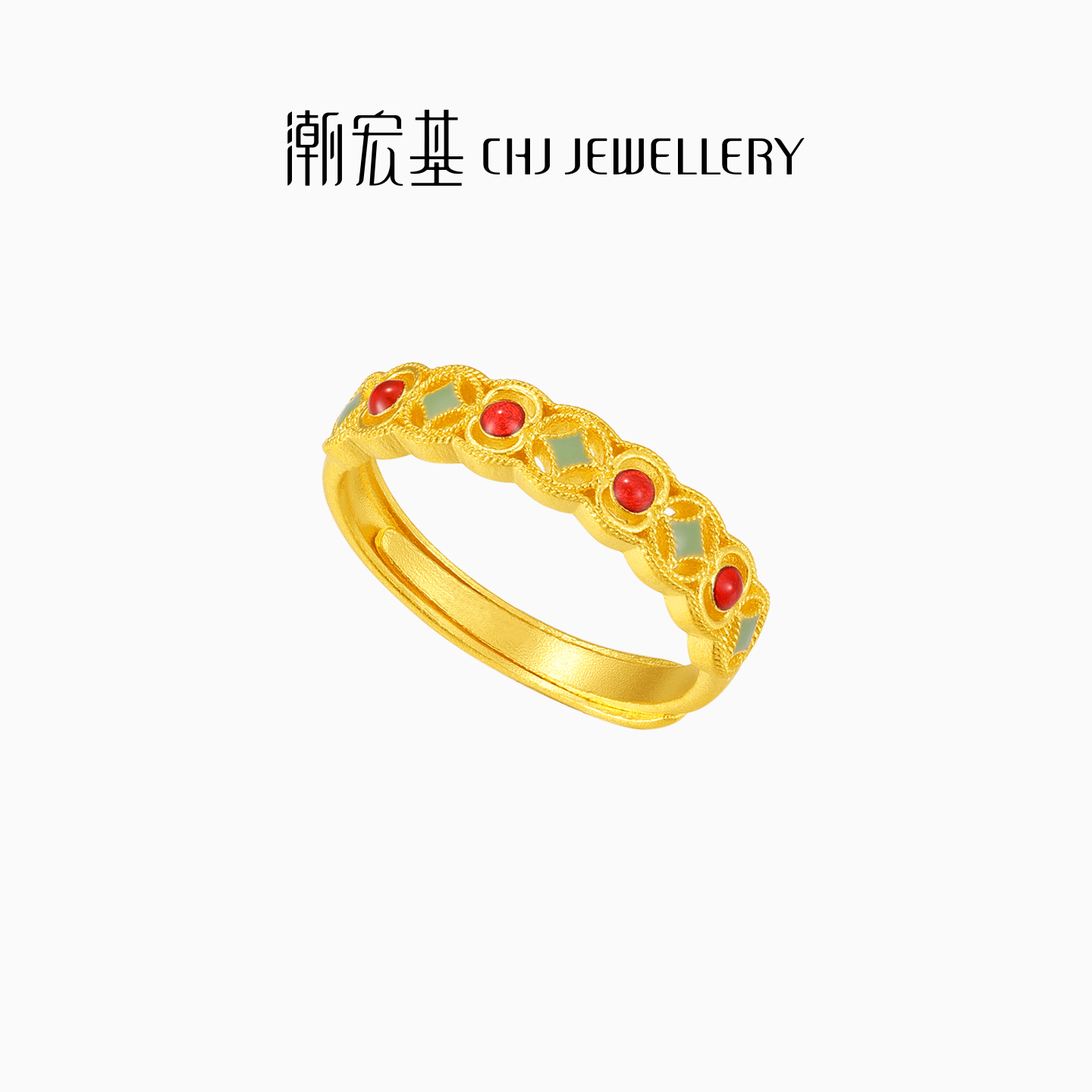 潮宏基臻金十二颜黄金戒指足金戒圈手饰5G金花丝镂空生日礼物卟