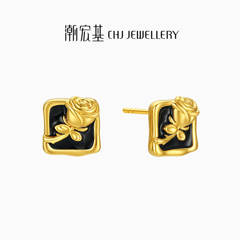 潮宏基御范系列黑玫瑰足金耳钉黄金5D硬金亮面烤漆情人节送礼