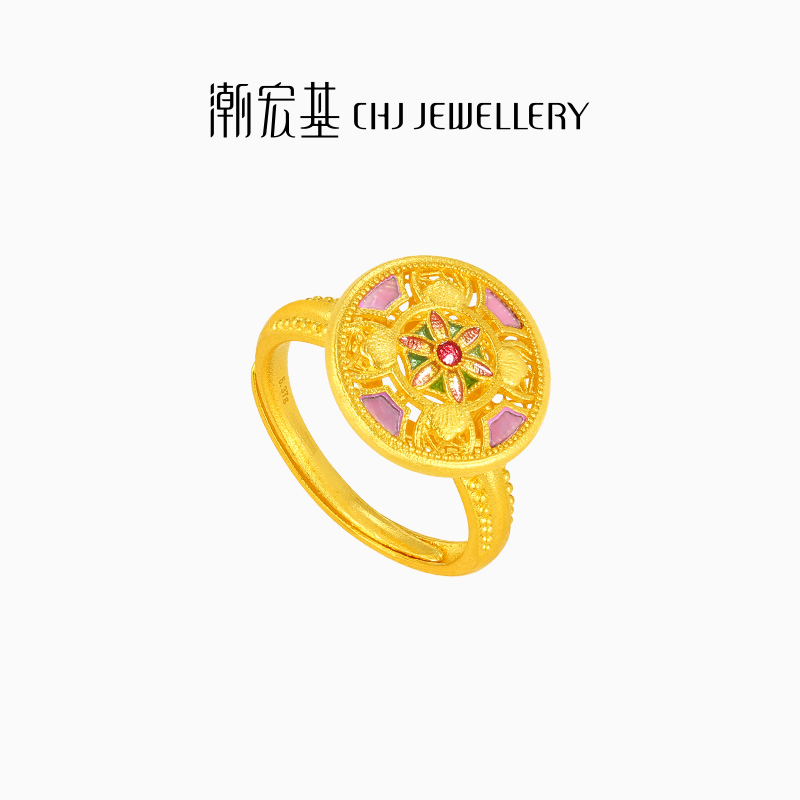 潮宏基花韵足金贝壳戒指古法螺钿黄金戒圈指环手饰空心送女友计价