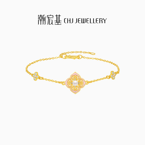 潮宏基花韵四合如意足金珍珠手链黄金镶嵌新中式宫廷风高级女计价