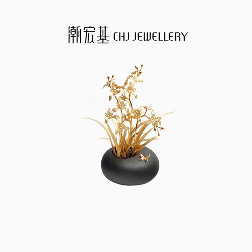 潮宏基兰花盆栽金箔摆件
