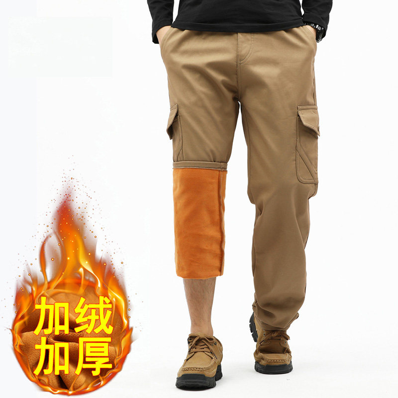 纯棉休闲裤中年男士宽松直筒裤加绒加厚大码工装裤秋冬季爸爸长裤
