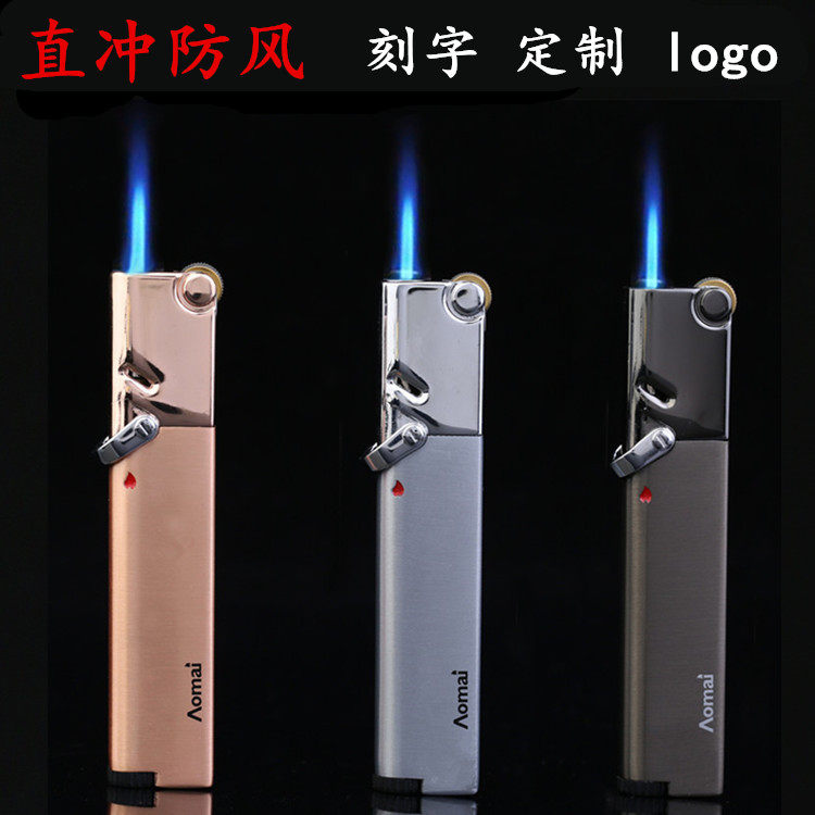 奥麦Aomai直冲防风女士打火机创意新品砂轮蓝火个性超薄刻字定制