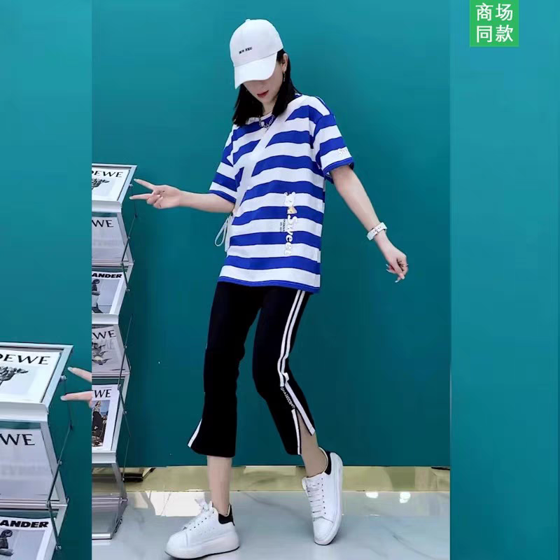 2025年夏季条纹纯棉开叉上衣百搭宽松韩版横条纹圆领T恤女网红款