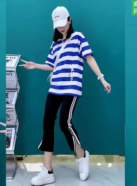 2025年夏季条纹纯棉开叉上衣百搭宽松韩版横条纹圆领T恤女网红款