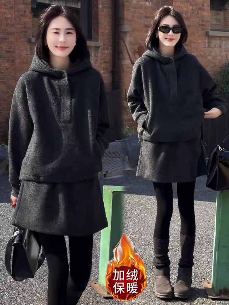 加绒加厚时尚套装女2025秋冬新款洋气休闲连帽卫衣半身裙两件套潮