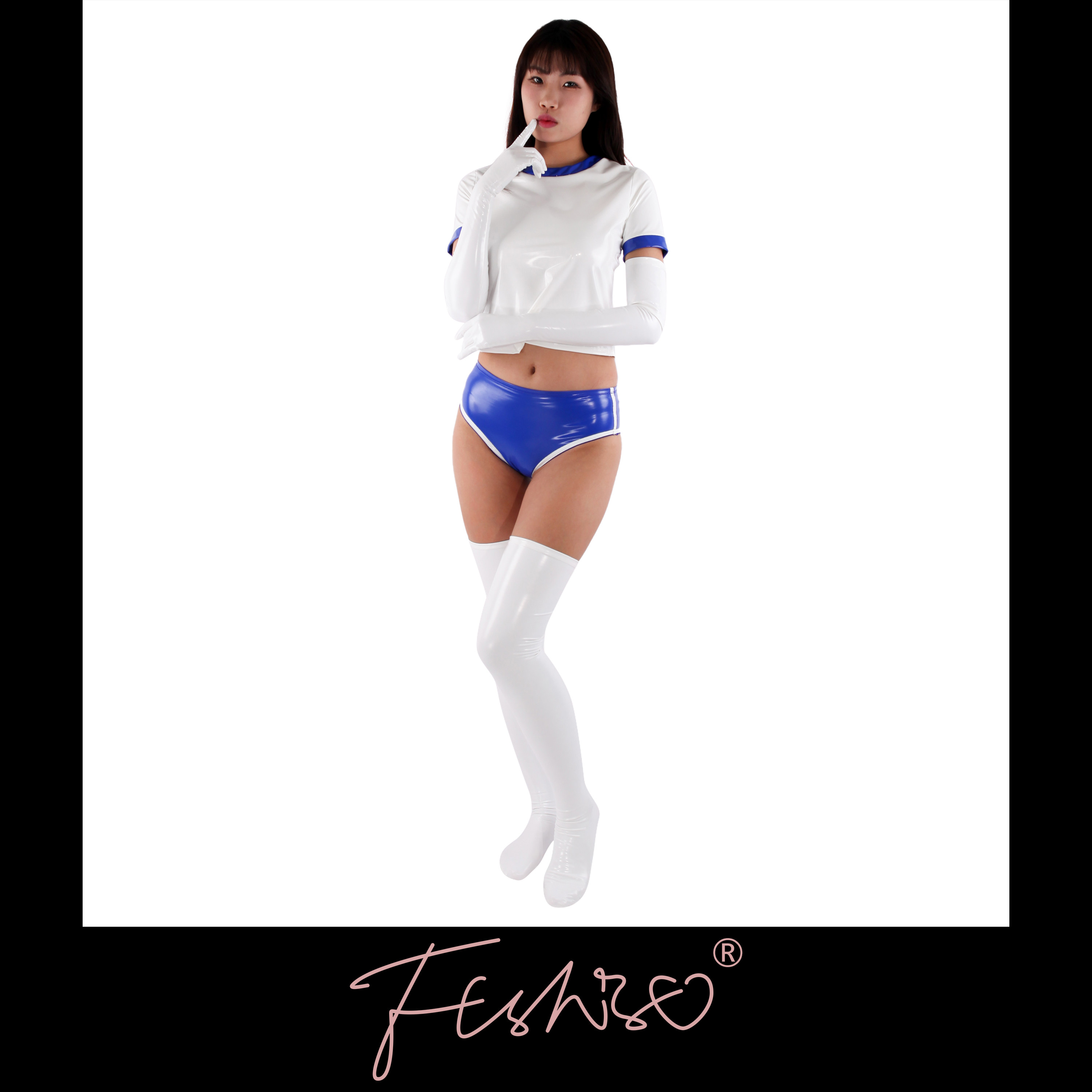 Ftshist性感体操服套装 油光乳胶漆皮pu 蓝白撞色短上衣 紧致束缚