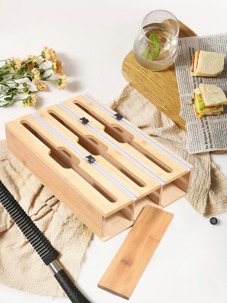 竹木切割器 保鲜膜蜡纸锡纸分配盒 木质蔬果打包机超市手动包装i.