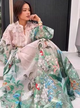 法式宫廷风立体花朵仙女度假长裙灯笼长袖花卉印花小众时髦连衣裙