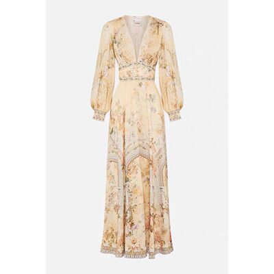 现货2024春夏度假风气质V领印花长袖收腰两件套连衣裙