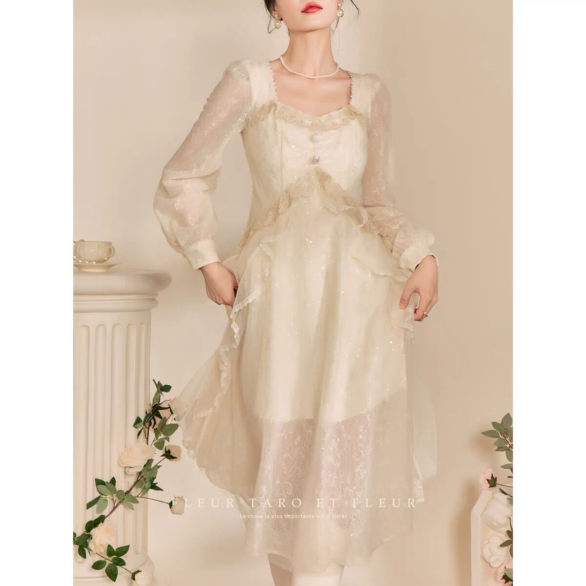 欧美2026新款时尚宫廷复古荷叶边显瘦仙女连衣裙