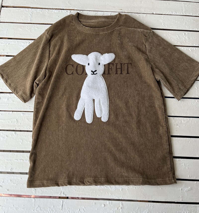 可爱毛绒绒白色立体小羊贴布加厚丝绒宽松圆领短袖T恤女秋打底衫