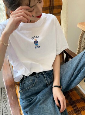 美式小熊简约白色t恤女纯棉短袖2025夏季新款百搭韩版上衣ins潮