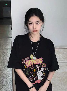 新款韩版宽松白色小兔子印花纯棉短袖t恤夏季小众设计宽松上衣潮