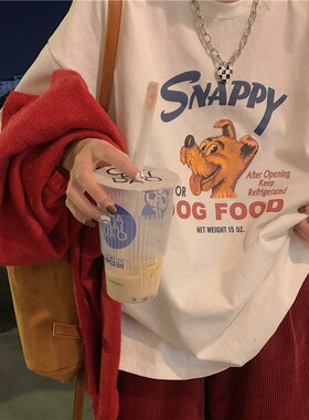 韩国ins夏季纯棉短袖T恤女圆领宽松白色宽松百搭卡通印花体恤上衣