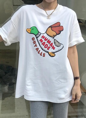 2024年新款夏季t恤女短袖宽松圆领白色印花半袖百搭纯棉体恤衫