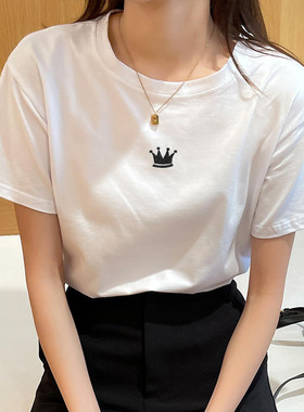 纯棉短袖T恤女夏装洋气印花ins潮美式2025年新款白色打底内搭上衣