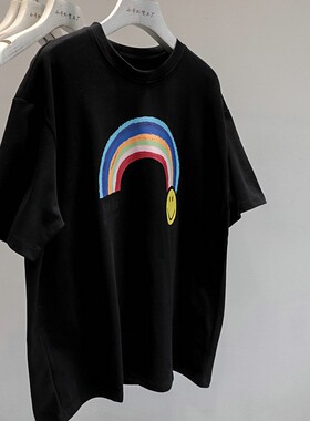 大码重磅纯棉T白色宽松短袖体恤笑脸彩虹印花圆领上衣女t恤夏季