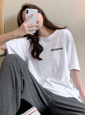 纯棉白色短袖女t恤新款学生字母简约宽松大码上衣圆领百搭ins体恤