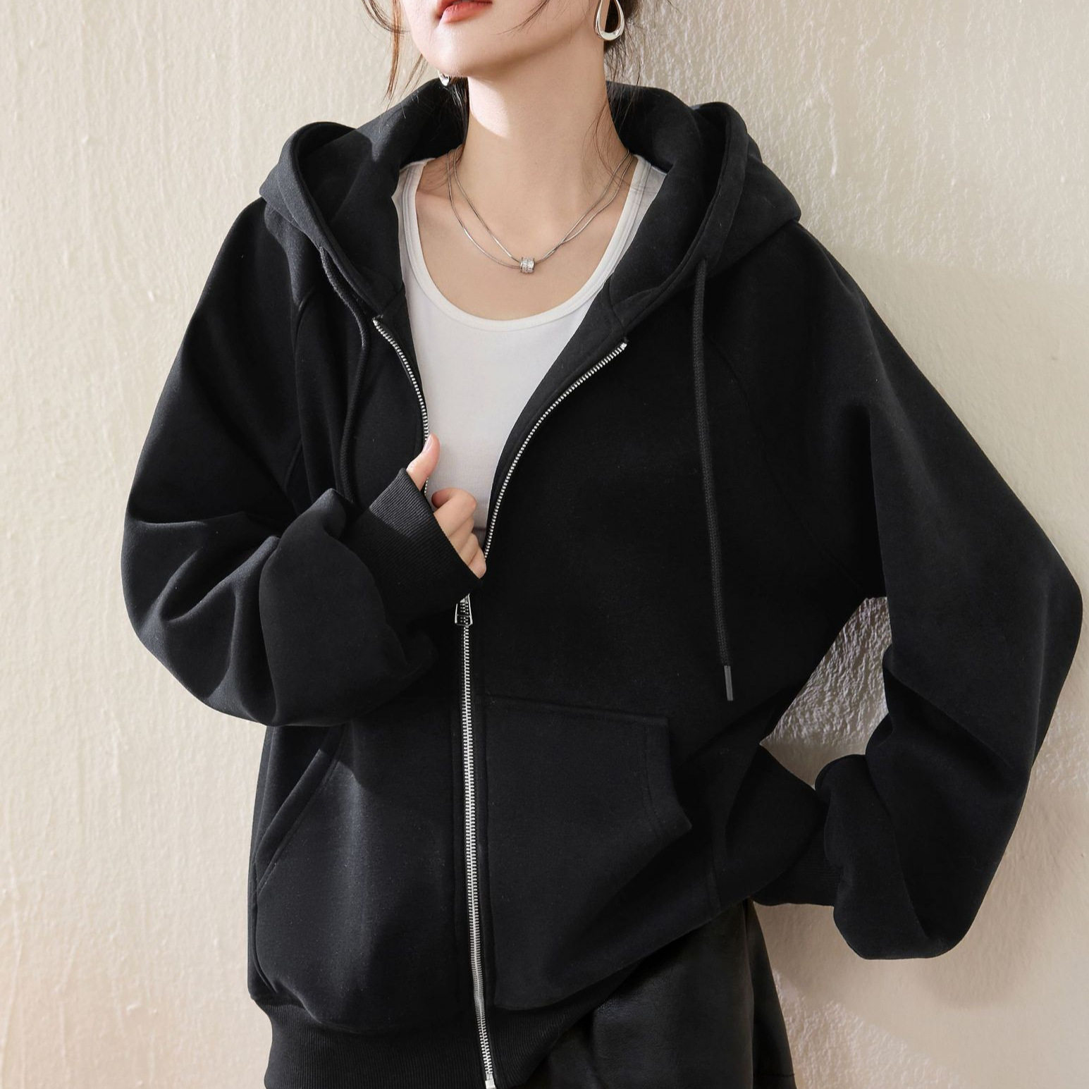 连帽加绒卫衣女秋冬外套新款韩版慵懒风宽松感情侣穿搭开衫