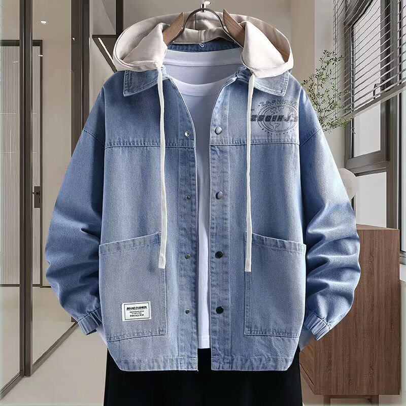 韩版潮流连帽长袖牛仔夹克外套宽松版型小众设计感秋冬新款青少年