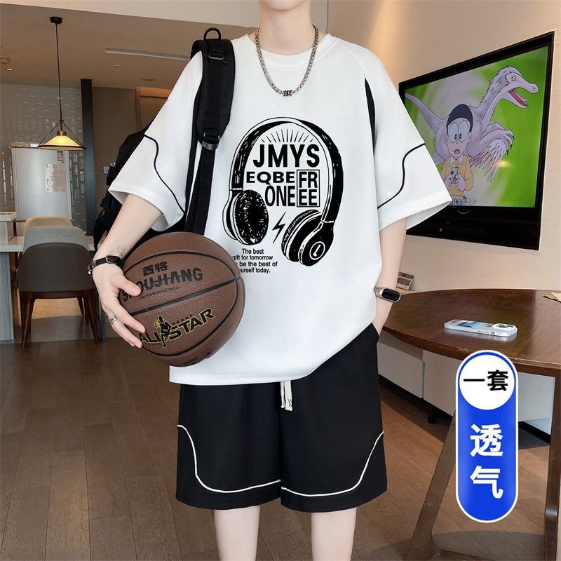 青少年冰丝短袖t恤套装男初中学生潮流帅气大童夏装速干运动衣服T