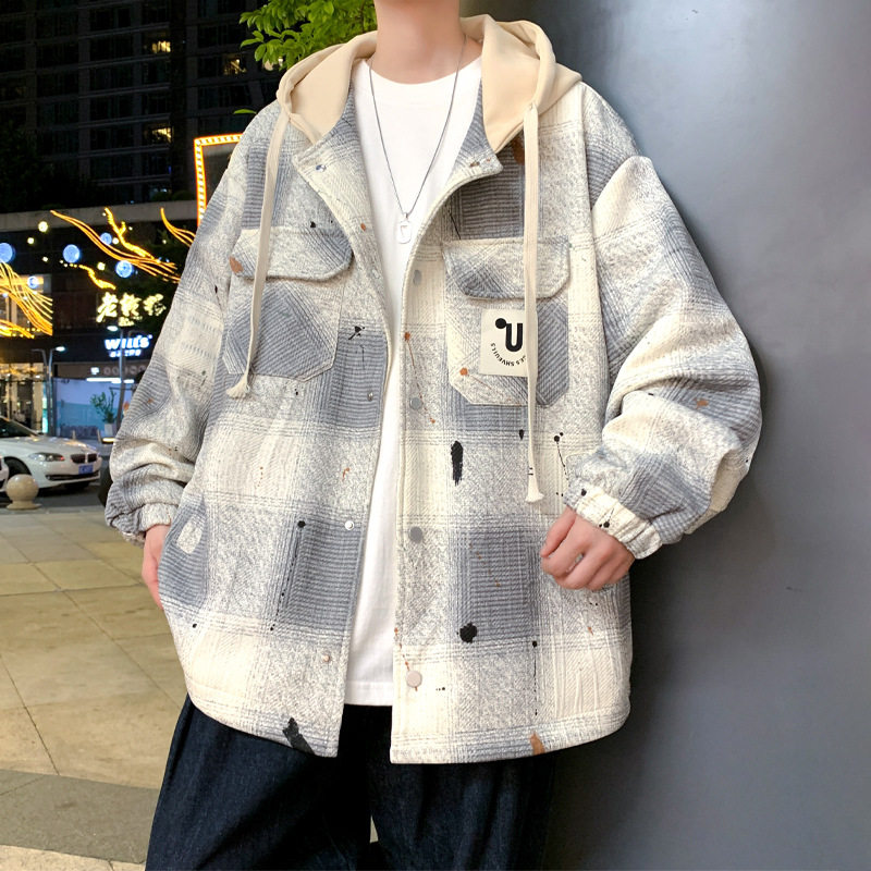 春秋季工装格子外套男潮流宽松大码青少年帅气百搭假两件连帽夹克