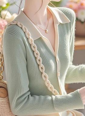 秋季别致绿色翻领针织打底衫女设计感小众超好看修身长袖上衣