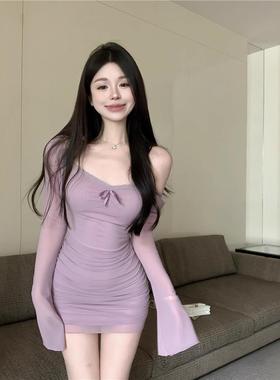 纯欲辣妹网纱长袖连衣裙女早秋蕾丝花边紫色裙子性感紧身包臀短裙