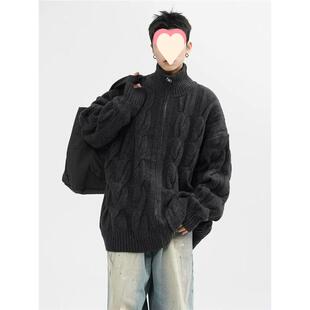 冬季重磅高克重不扎人粗麻花立领套头毛衣美式复古半拉链加厚外套